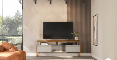 Uma sala com um rack para TV. Rack para TV.