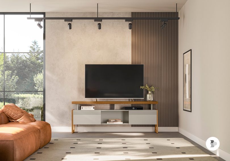 Uma sala com um rack para TV. Rack para TV.