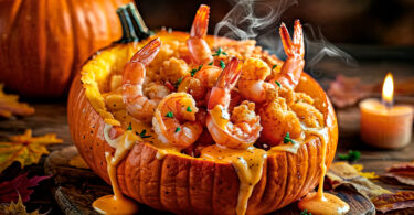 Uma porção grande de camarão na moranga. Camarão na moranga.