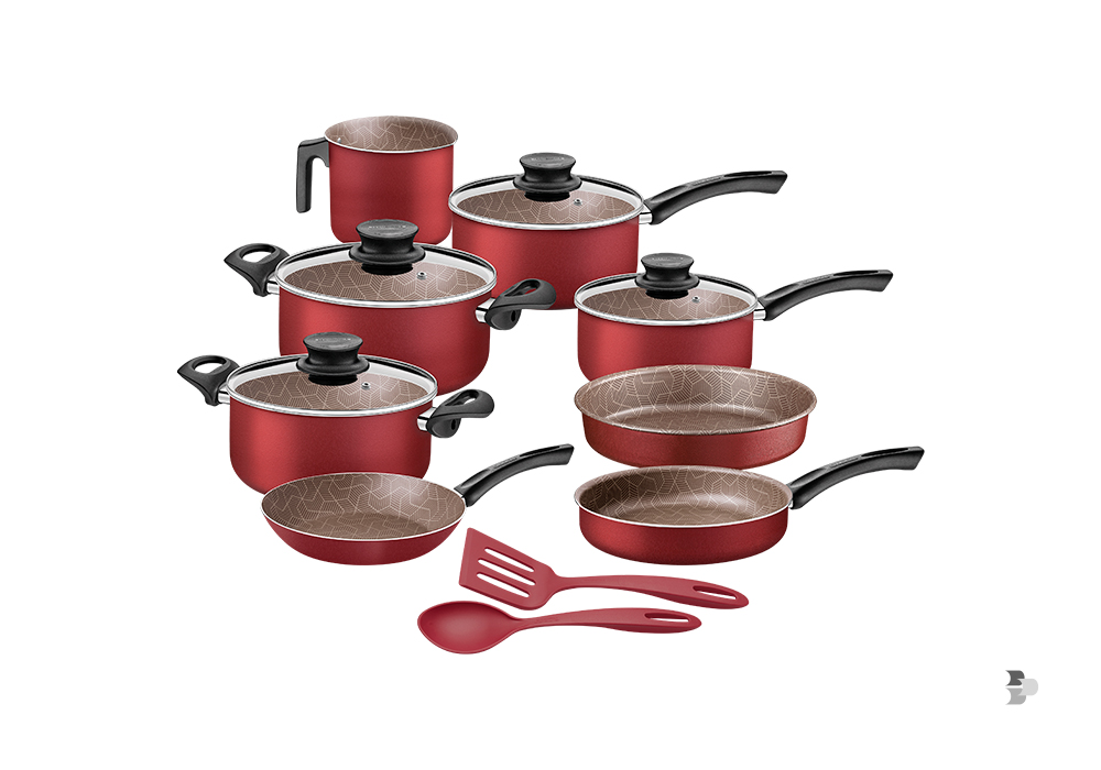 Um jogo de panelas na cor vermelha. Renovar cozinha.