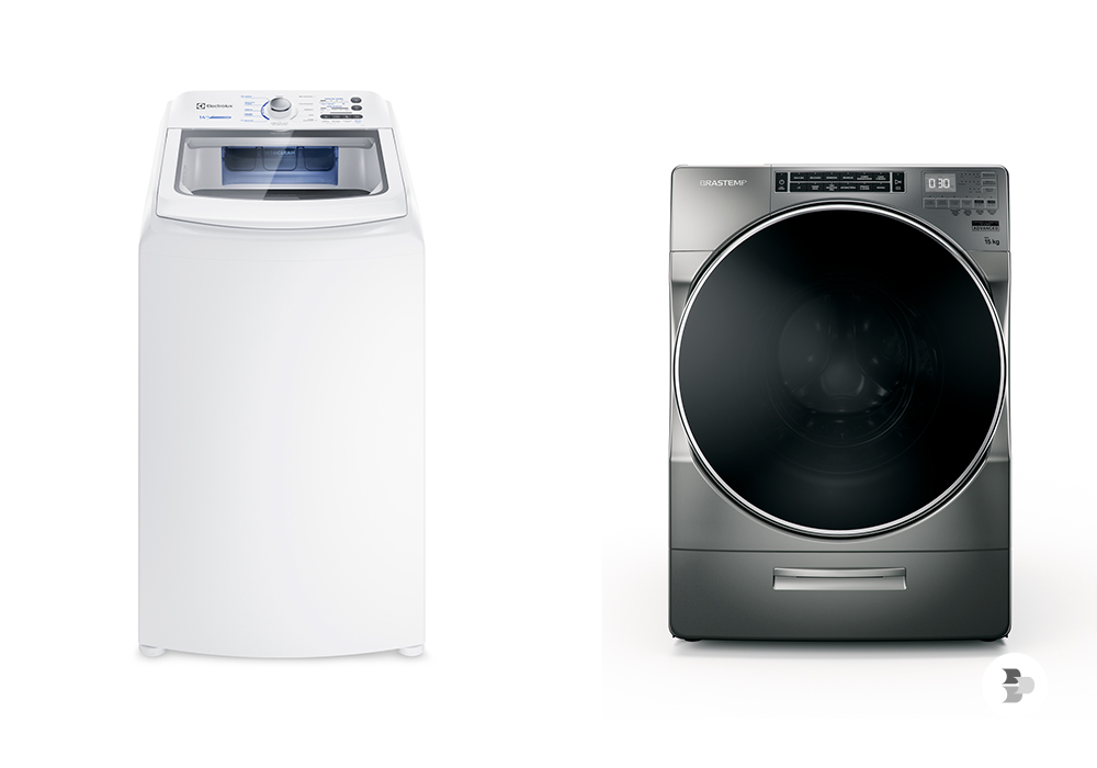 Uma máquina de lavar roupas com abertura em cima e outra frontal. Lavadora de roupas.