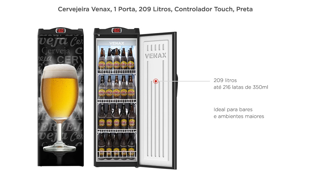 Cervejeira Venax, 1 Porta, 209 Litros, Controlador Touch, Preta