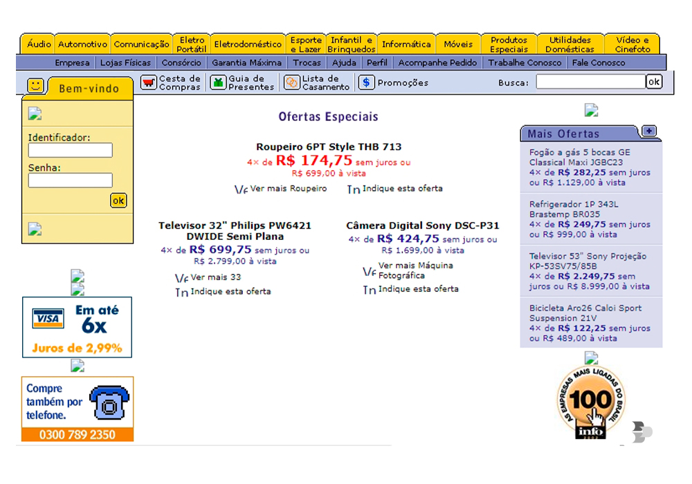 Um dos primeiros layouts do site da Lojas Colombo em 2000. Site Lojas Colombo.