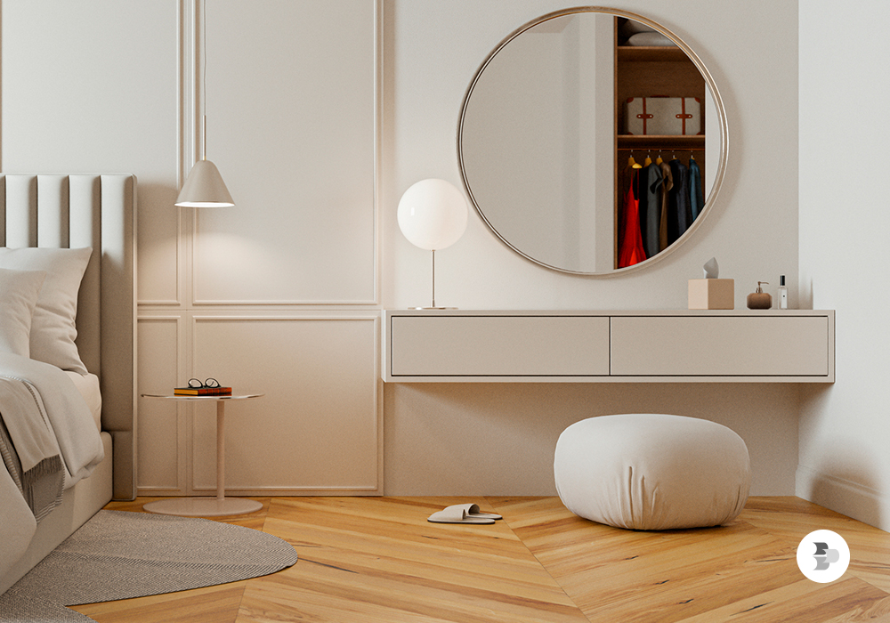 Uma penteaeira suspensa otimiza espaço e garante a circulação pelo ambiente. Penteadeira ideal.