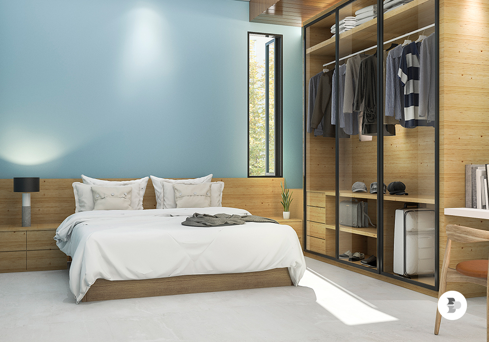 Um quarto com Guarda-Roupa e Cama próximos. Guarda-Roupa.