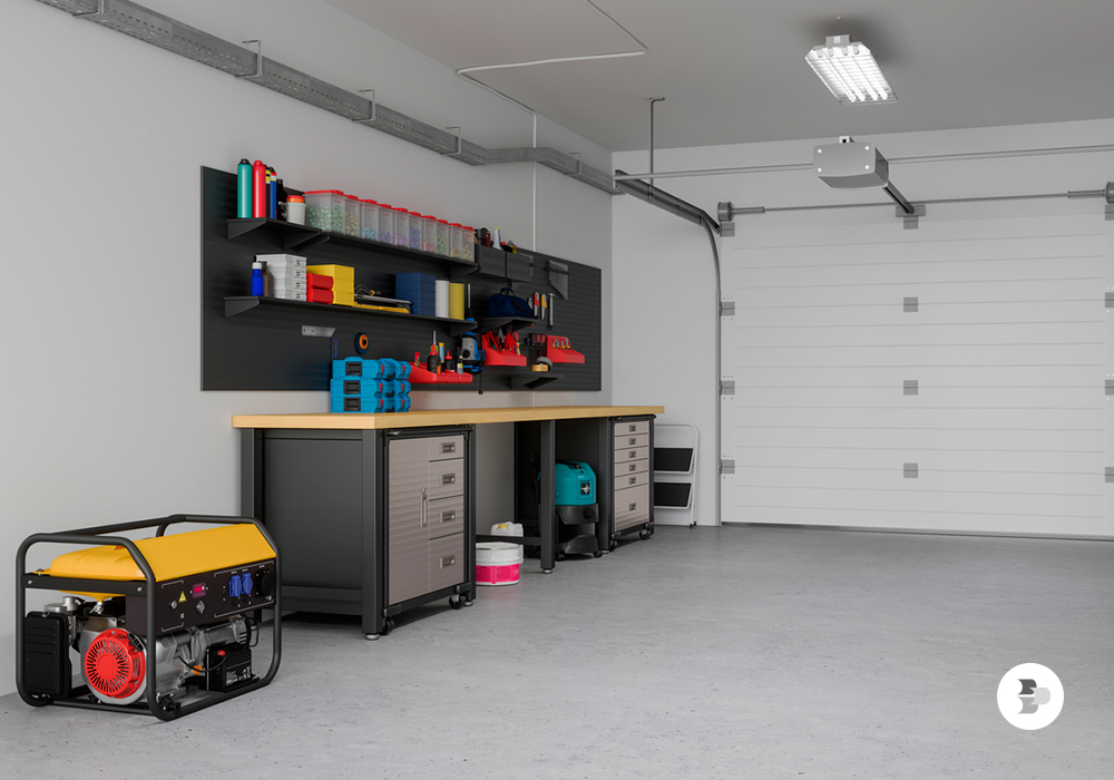 Uma garagem com ferramentas e uma bancada. Ferramentas.