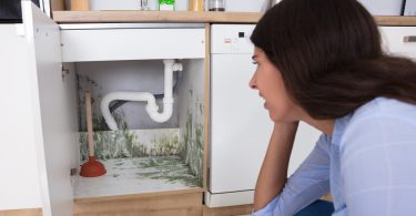 Uma mulher olhando o mofo dentro do seu armário. Mofo.