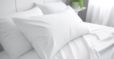 Uma cama com travesseiros brancos. Travesseiro.