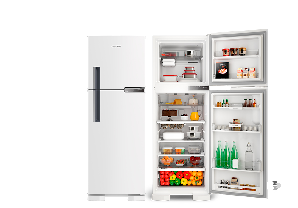 Uma geladeira com duas portas. Melhores geladeiras.