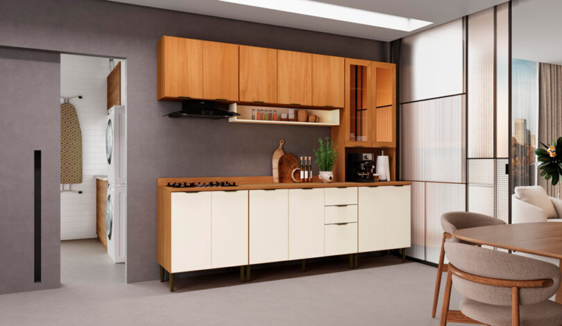 Uma cozinha com balcão para cooktop incluso. Balcão cooktop.