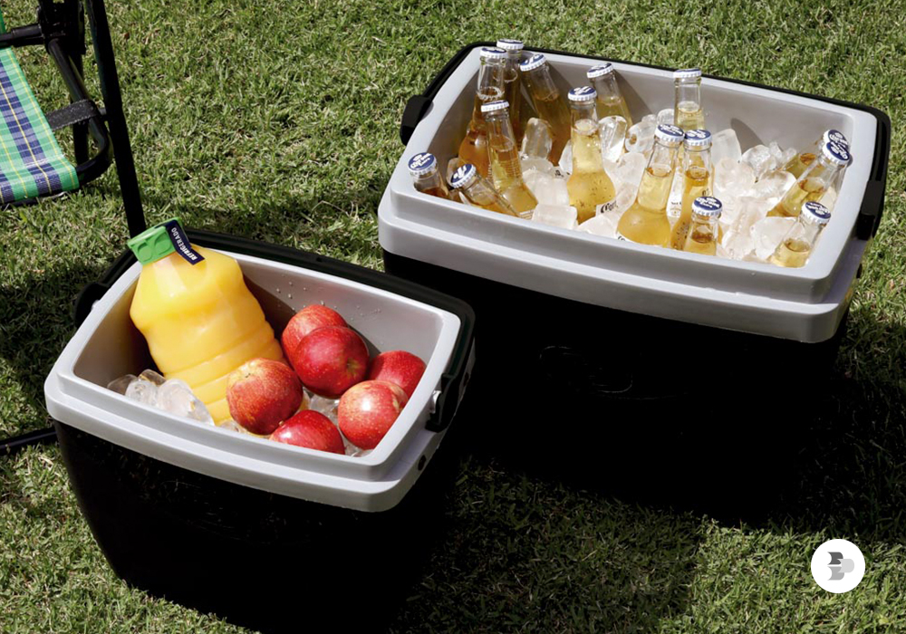 Duas caixas térmicas com frutas e bebidas. Caixa térmica.