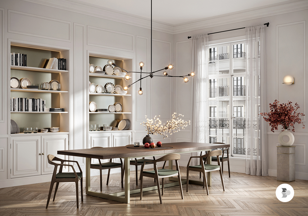 Uma sala de jantar ampla e com decoração moderna. Criar sala de jantar.