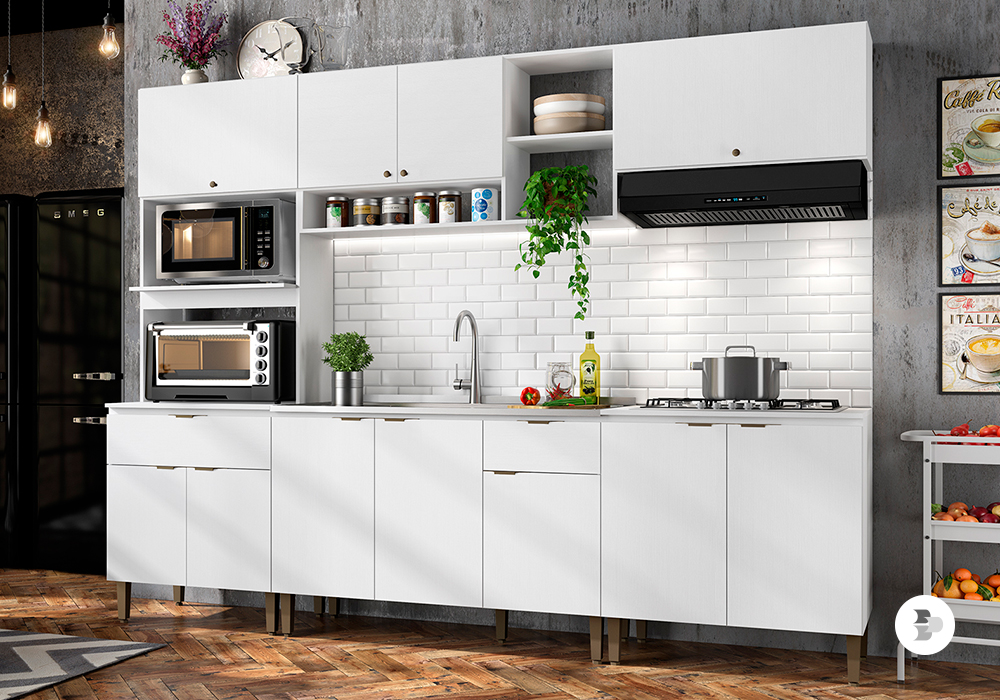 Uma cozinha feita em MDP e MDF. Balcão Cooktop.