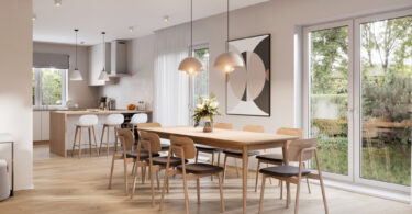 Uma sala de jantar ampla e aconhegante, com ótima iluminação. Sala de jantar aconchegante.